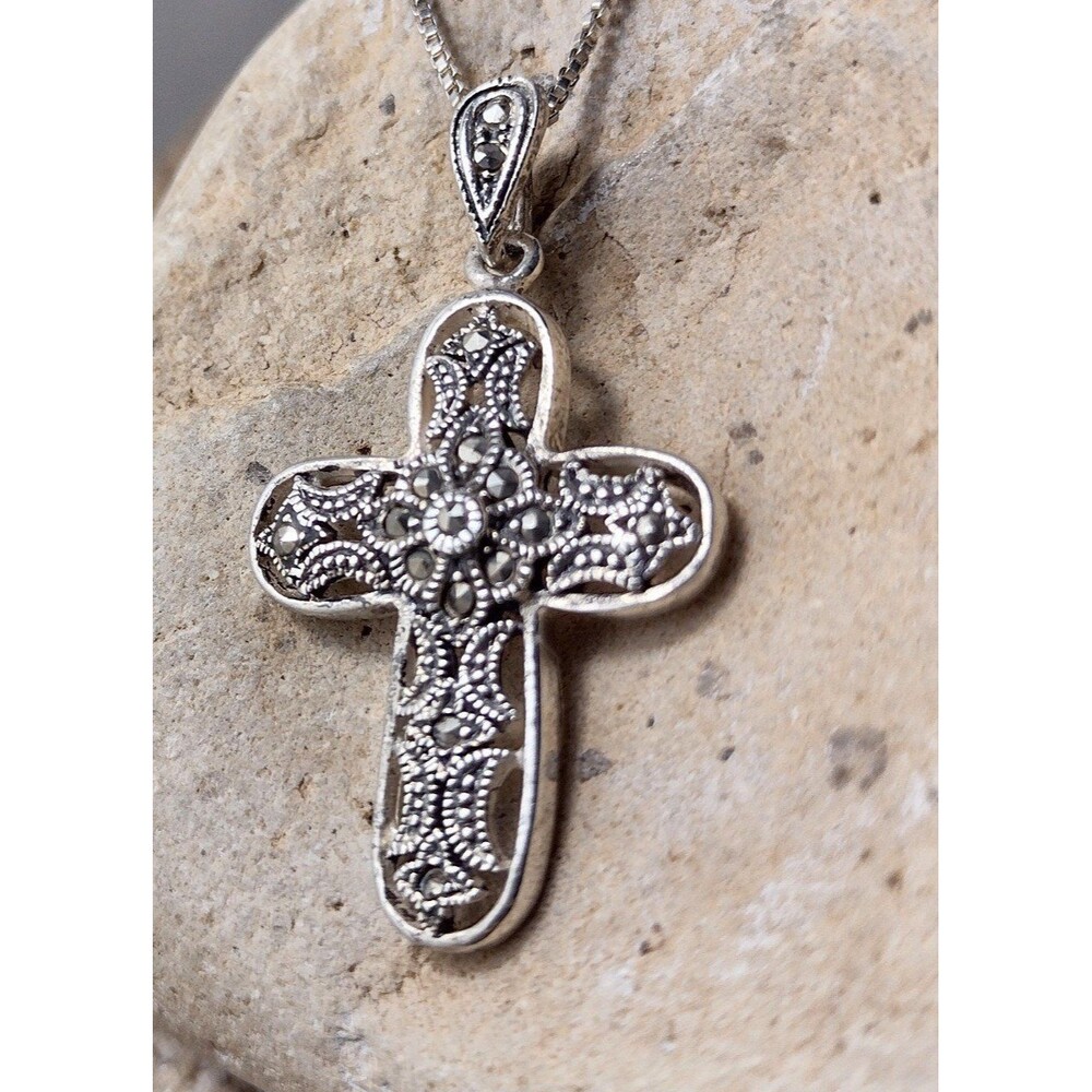 Vintage Ornate Sterling Silver Marcasite Cross Pendant Necklace